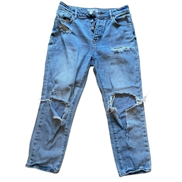 ✨3/$20✨ PacSun Distressed Cropped Blue Mom Jeans. Straight Leg. Button Fly. 25 - Picture 1 of 10